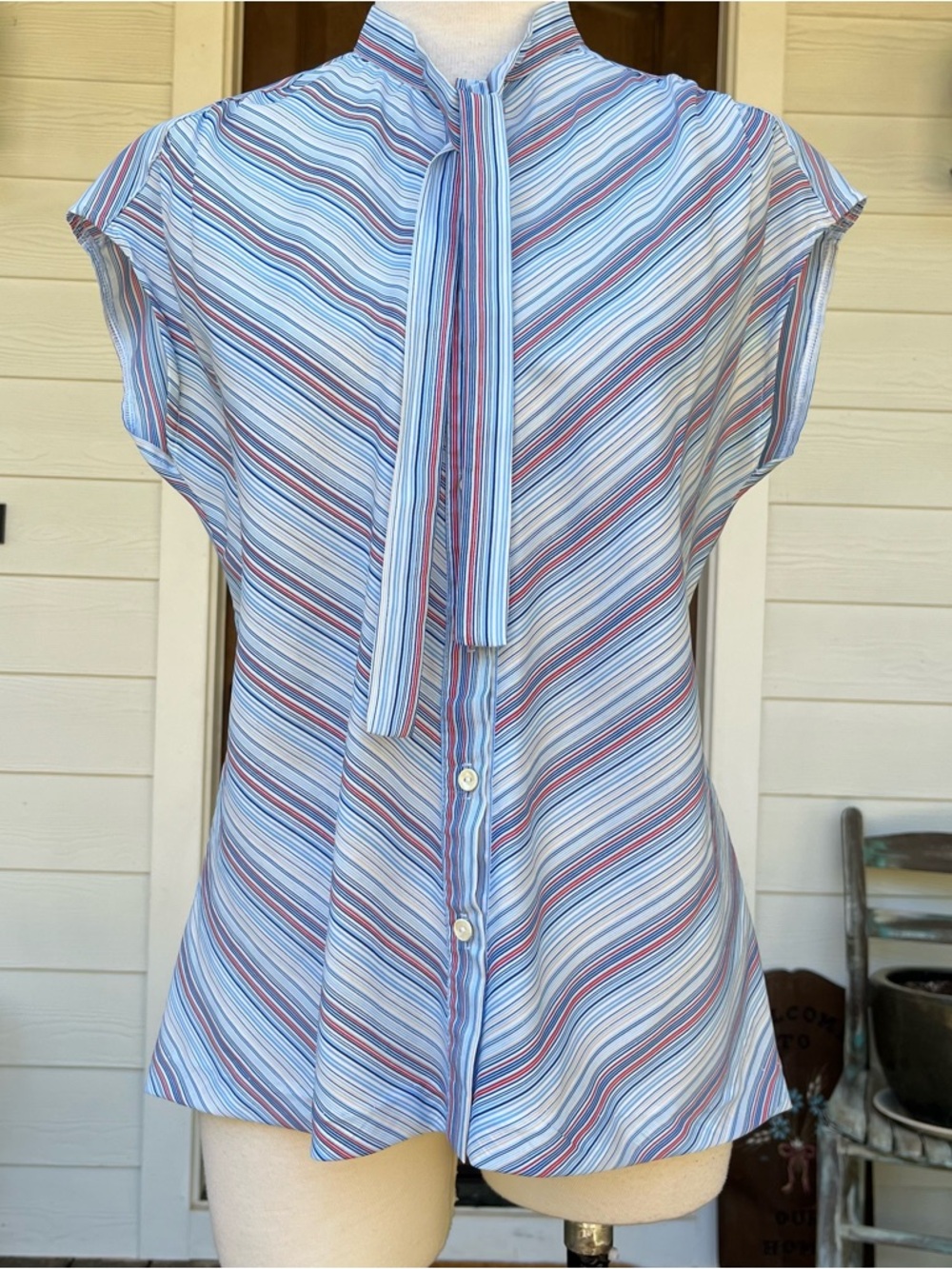 ‘70s Striped Blue Tie-Neck Cap-Sleeve Blouse